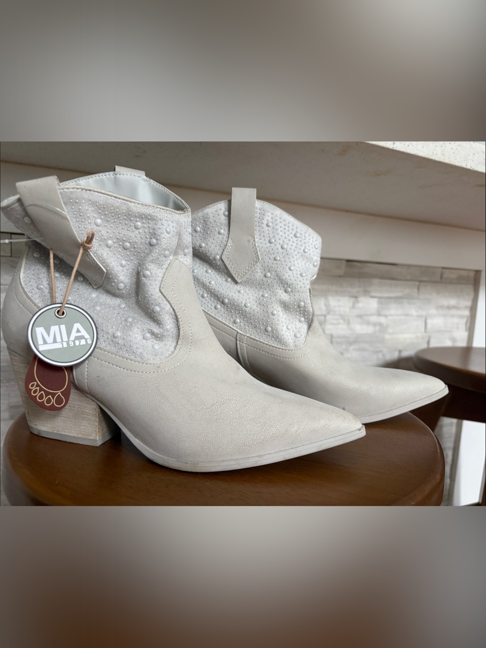 MIA Cream w/ Pearl Stud Embellishment Western Ankle Booties